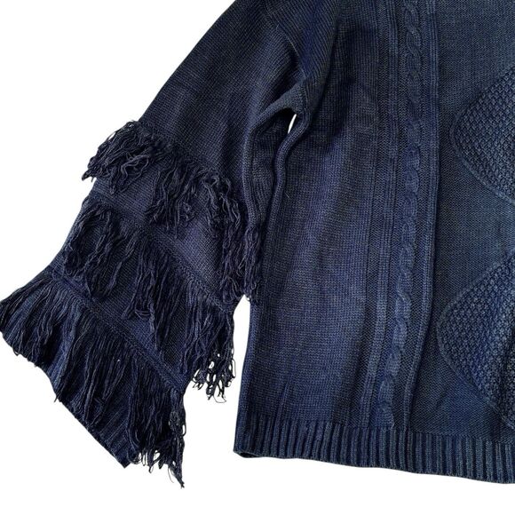 UMGEE Blue Sweater Fringe Bell Sleeves V Neck Boxy Cable Knit - Picture 5 of 9